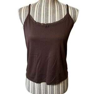 Wild Fable Camisole Large Brown Lace-Trim Ribbed Tank Top Spaghetti Straps Bow